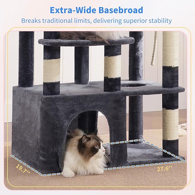 Heybly Cat Tree, 71-Inch Tall Cat Tower for Large Maine Coon Cats with Extra-Large Baseboard, Cat Condo Furniture with Multi-Level Platforms, 2 Hammocks and 12 Scratching Posts, Smoky Gray HCT037G