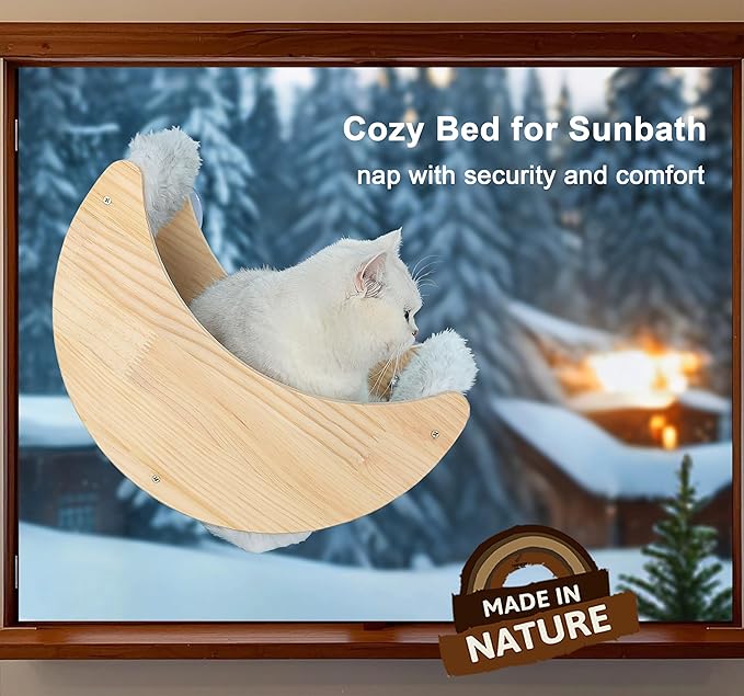 Window Cat Beds with Ultra Plush Hammock, Moon Shelves Mounted with Strong Suction Cups, Cat Window Seat for Overlooking and Sunbathing(Faux Wool Fur)