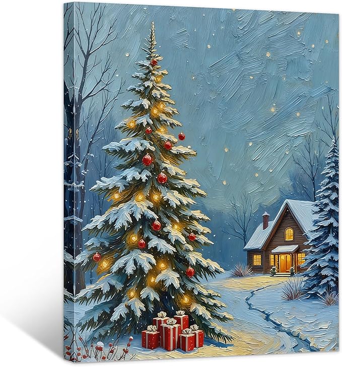 Framed Christmas Pictures Wall Decor,Vintage Pine Tree Prints,Winter Christmas Canvas Wall Art Decoration for Bedroom Bathroom Living Room Rustic Xmas Holiday Gifts (Christmas Tree 20, 11'' X 14'')