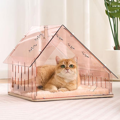 Acrylic Cat House for Indoor Cats, Transparent Cat Bed Cave with Plush Cushion & Hanging Toys, Modern Ventilated Cat Condo with Sturdy Wooden Base for Adult Cats & Kittens up to 12 lbs, Pink