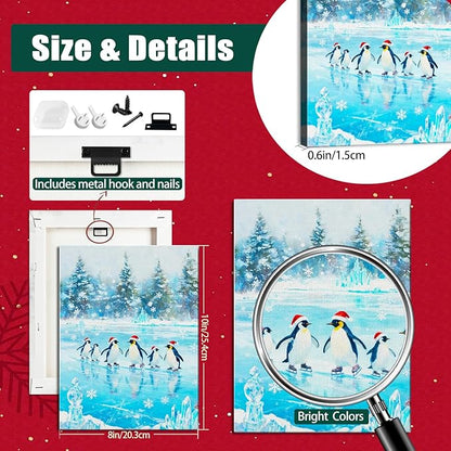 Christmas Penguin Canvas Wall Art - Playful Penguins in Snowy Forest Scene Framed Print for Living Room & Bedroom, Cozy Christmas Wall Decor, Charming Christmas Gifts & Festive Decorations