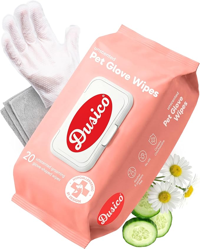 Dusico® Pet Glove Wipes with Microfiber Towel (20 Pack) Unscented – Chlorhexidine Dog Wipes – Oil-Free & Aloe-Free Hypoallergenic Cat Grooming Gloves. Deodorizing Formula with Cucumber & Chamomile