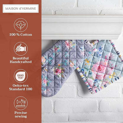 Maison d' Hermine 100% Cotton Oven Mitt & Pot Holder Set (7.5"x13" & 8"x8") Heat Resistant BBQ Cooking Gloves with Loop, Grilling, Kitchen, Handling Hot Pans Spring/Summer (Sweet Rose Lavender - Lush)