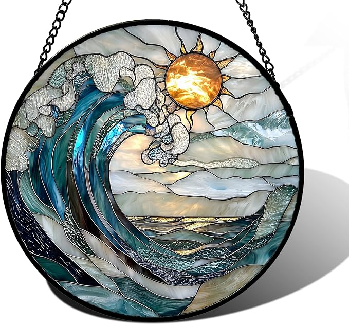 Stained Glass Window Hanging, Blue and White Waves Suncatcher Diamond Glass Panel Landscape Sun Catchers Decor for Birthday for Women, Men, Wife, Aunt, and Mom 9.8 in