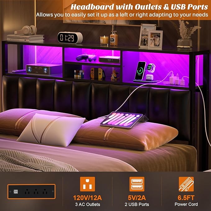 Aheaplus Headboard for Queen Size Bed with Storage, Upholstered Headboards with Outlets, USB Ports and LED Light, Reversible Queen Size Head Board, Height Adjustable, Comfortable Headboard, Black