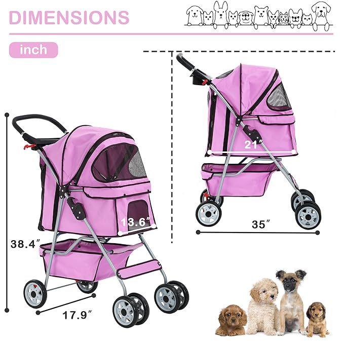 4 Wheels Dog Stroller, Foldable Pet Stroller for Small Medium Dogs, Portable Breathable Cat Stroller Dog Strollers with Storage Basket, Cup Holders, Removable Liner for Travel & Outdoor Use, Pink