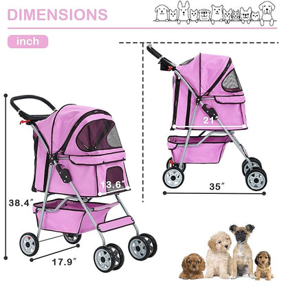 4 Wheels Dog Stroller, Foldable Pet Stroller for Small Medium Dogs, Portable Breathable Cat Stroller Dog Strollers with Storage Basket, Cup Holders, Removable Liner for Travel & Outdoor Use, Pink