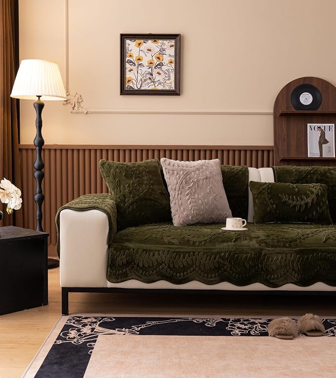 Green Fuzzy Rabbit Plush Sofa Cover Cozy Warm Sofa Couch Covers with 3D Jacquard Leaf Pattern Non-Slip Easy-to-Install Shaggy Sofa Slipcover Prefect for Kids Dogs Cats Cats(Green,36"x70")