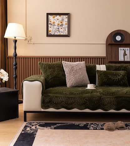 Green Fuzzy Rabbit Plush Sofa Cover Cozy Warm Sofa Couch Covers with 3D Jacquard Leaf Pattern Non-Slip Easy-to-Install Shaggy Sofa Slipcover Prefect for Kids Dogs Cats Cats(Green,36"x70")