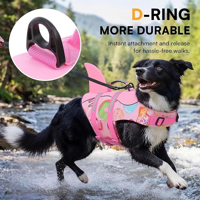 Dog Life Jacket, Dog Life Vest for Swimming, Doggie Shark Swimming Vest with Rescue Handle, Adjustable Reflective Pet Lifesaver Preserver for Small Dogs, Pink Donut S