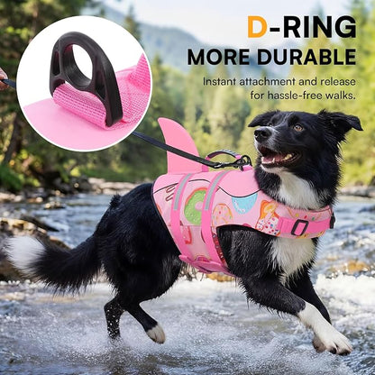 Dog Life Jacket, Dog Life Vest for Swimming, Doggie Shark Swimming Vest with Rescue Handle, Adjustable Reflective Pet Lifesaver Preserver for Small Dogs, Pink Donut S