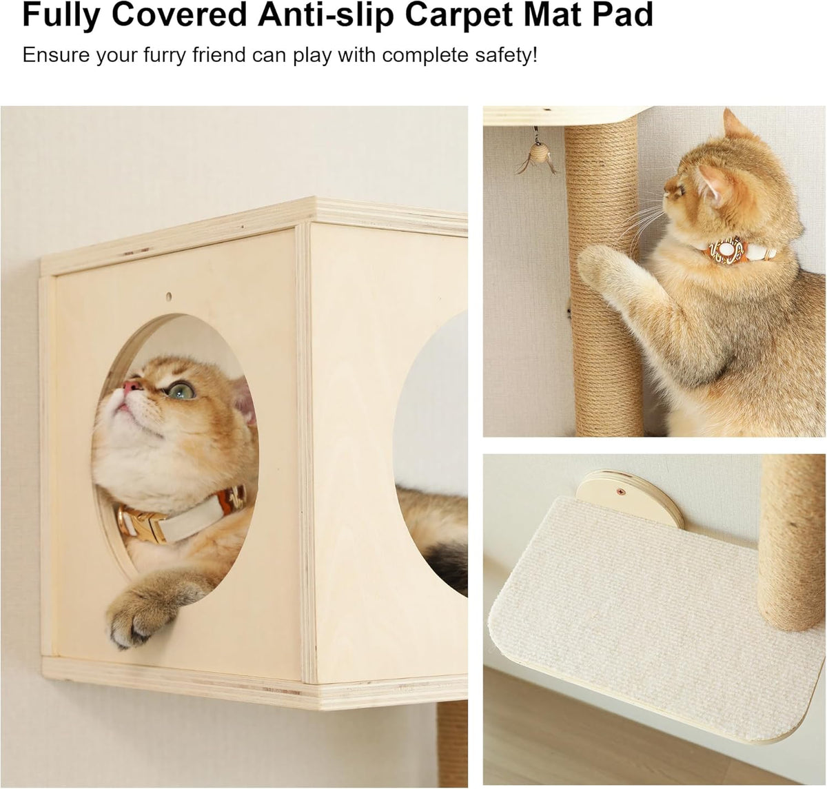 FUKUMARU Cat Wall Shelves, 5-Piece Stable Wooden Wall-Mounted Furniture Set, Kitty Climber with Hammock, House, Steps, Scratching Post (Beige)