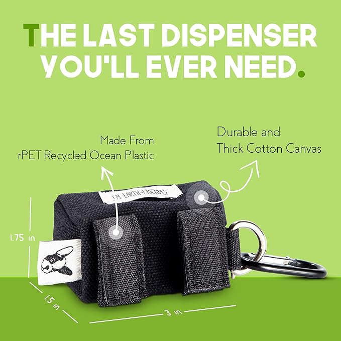 Black Poop Bags Holder - 10% to Charity - Strong Quality Zipper - Virgin Plastic Free - Black Dispenser with Secure Carabiner