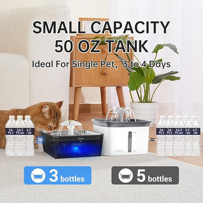 Veken Small Pet-Friendly Cat Water Fountain with Stainless Steel Lid & Quiet Pump, Easy to Clean & Assemble, 50oz Mini Pet Water Dispenser with 4 Replacement Filters & 4 Pre-Filter Sponges, Silver