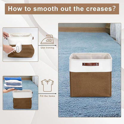 13x13 Cube Storage Bins, Collapsible Fabric Storage Box, 4 Pack Closet Baskets with Handles for Organizing, Shelf, Toys, Clothes, Home, Office, Nursery (Brown&White)