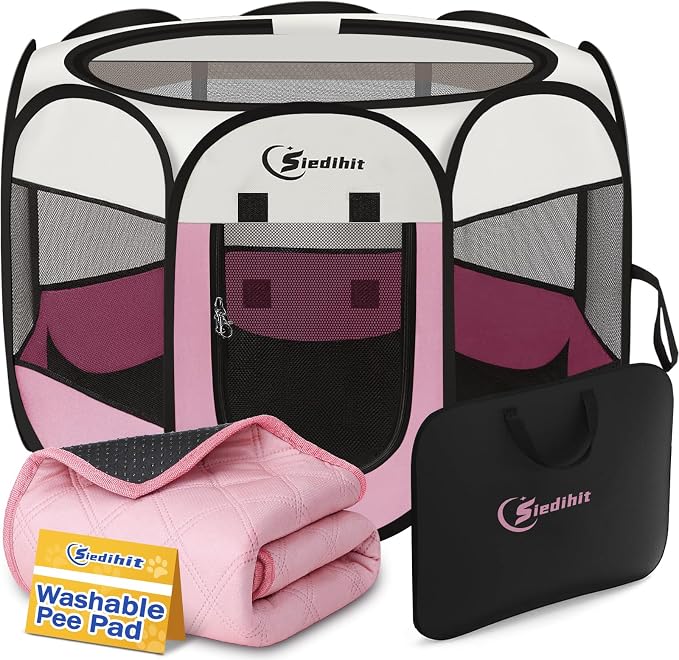 Siedihit Dog Cat Pet Playpen Tent Crate Cage with Washable Pad, Medium Pink | Breathable double-layer mesh Wide applicability Recovery After Surgery Portable Easy to Set up lightweight Recovering Pets