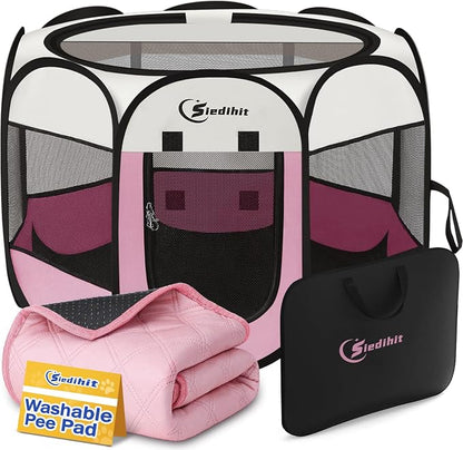 Siedihit Dog Cat Pet Playpen Tent Crate Cage with Washable Pad, Medium Pink | Breathable double-layer mesh Wide applicability Recovery After Surgery Portable Easy to Set up lightweight Recovering Pets