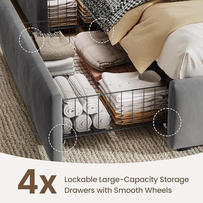 Queen Size Bed Frame with 4 Storage Drawers and LED, Adjustable Clouds Headborad, Velvet Upholstered Platform Queen Bed Frame with Charing Station, Wood Slats Support, No Box Spring Needed,Grey