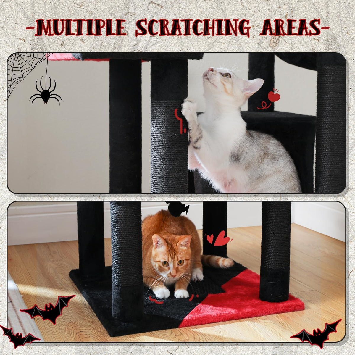 PAWZ Road 70 Inch Cat Tower, Gothic Cat Tree with 2 Cozy Condos, 2 Plush Perch, Large Basket, 2 Scraching Pad & 6 Scraching Posts for Indoor Cats Large Adult