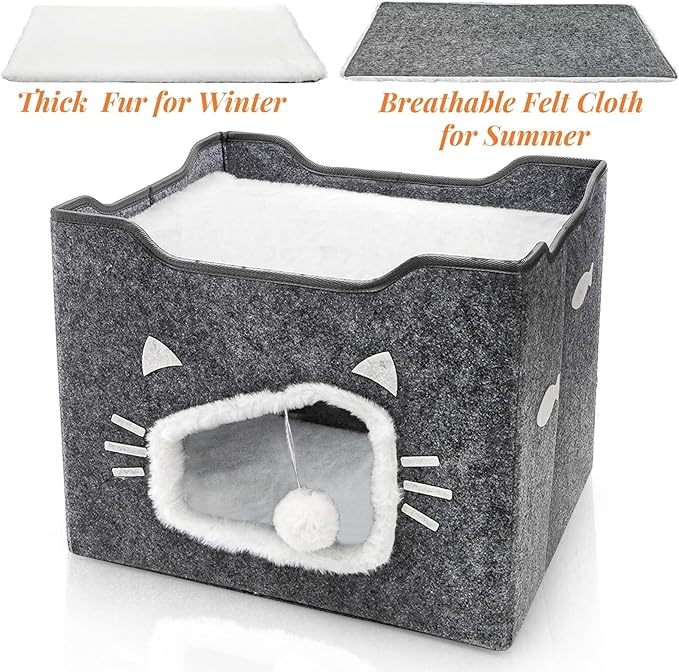 Cat House for Indoor Cats, Large Covered Cat Bed with Cushion Pad Fluffy Ball Hanging, Foldable Cute Cat Cave Bed Cat Condo Hideaway for Pet Cats, Multi Small Pet, Grey