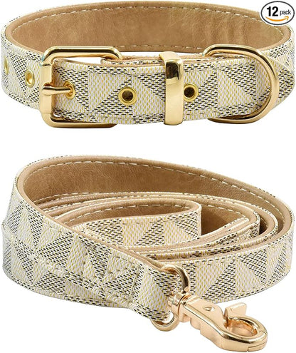 Leather Dog Collar and Leash Set, Check Pattern Dog Collar Leashes Metal Buckle Adjustable Durable for Small Medium Large Dogs (White, XL(18-22IN))