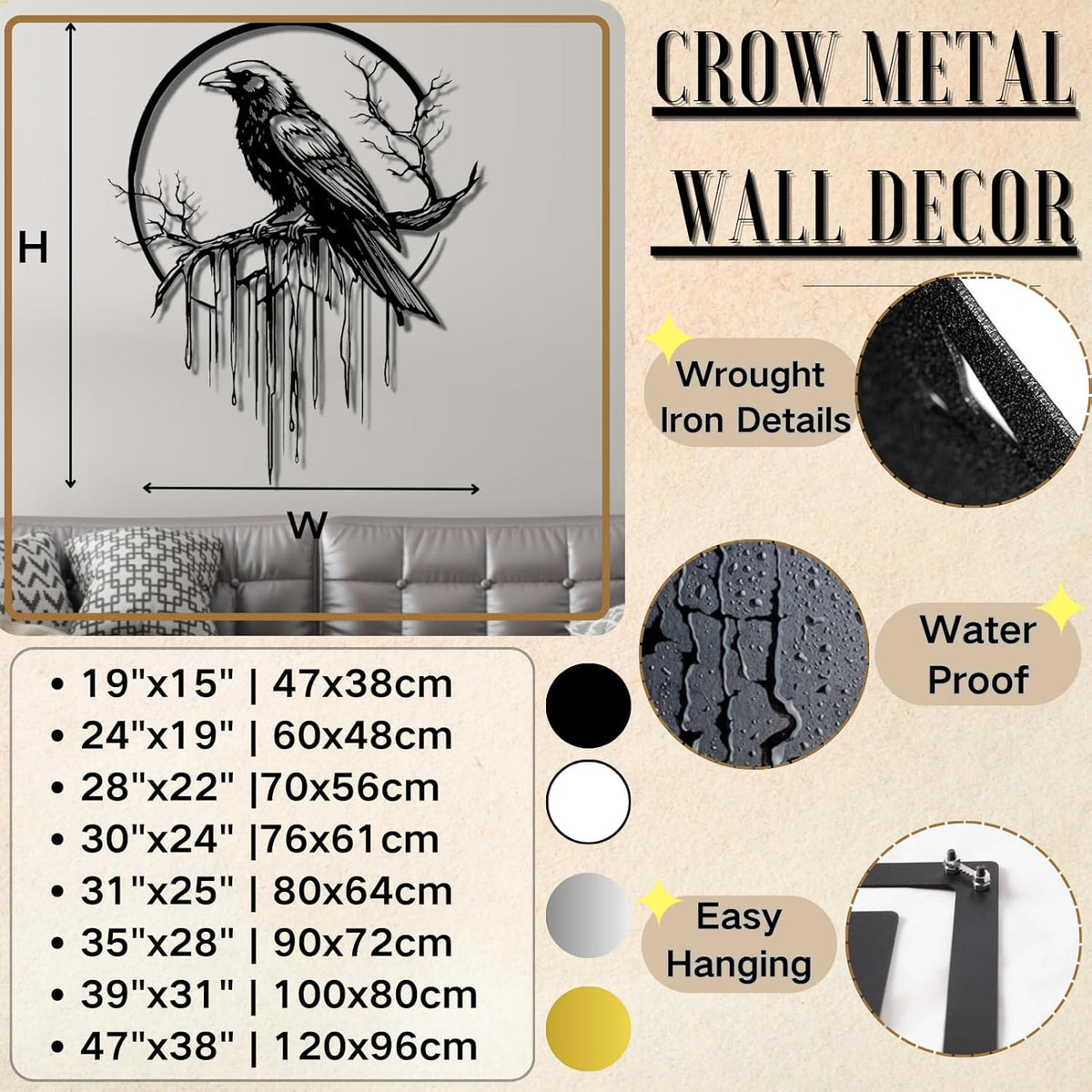 Crow Metal Wall Decor, Raven Wall Art, Large Gothic Raven Decor Hangings, Bird Wall Decor, Metal Tree Branch Decor, Ravens Sign, Raven Art for Living Room (Silver, 31"x25" | 80x64cm, metal wall art)