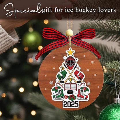 Ice Hockey Christmas Ornament 2025- Ice Hockey Gifts for Players, Family, Friends, Sport Lovers, Coaches - 2 Layer Wooden Hockey Ornaments for Christmas Tree - Sports Wood Hanging Decor Ornaments