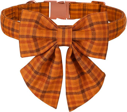 Maca Bates Fall Pumpkin Plaid Dog Collar with Sailor Bow Tie for Medium Girl,Boy,Autumn Checkered Puppy Collars with Bowtie,Halloween Gingham Print Adjustable Breakaway Soft for Male Female Dogs