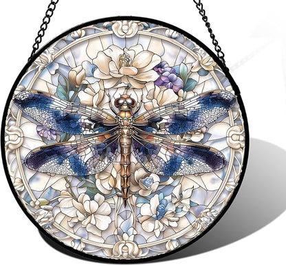 Stained Glass Window Hanging, Dragonfly Flower Suncatcher for Doors Home Sun Catchers Decoration and Christmas, Mother's Day Birthday Gifts for Women, Men, and Mom 7.8 in