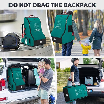 RAINSMORE Padded Car Seat Travel Bag for Airplane Heavy Duty Car Seat Backpack for Air Travel Baby Carseat Cover Bags for Airport Large Car Seats Carrier Fits Car Seats & Booster Seats, Green
