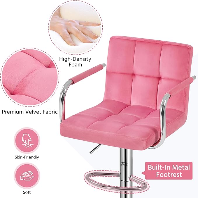 Yaheetech Bar Stools Set of 4, Velvet Fabric Swivel Barstools, Height Adjustable Counter Chairs, Modern Stools with Back for Bar Kitchen Island Dining Room, Pink