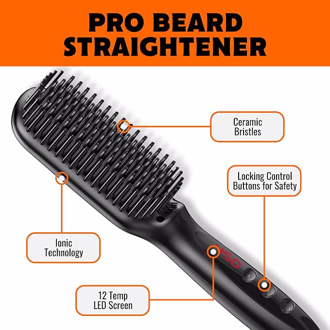 Tame The Wild Pro Beard Straightener for Men - Premium Heated Beard Brush - Anti-Scald Ionic Generator - 12 Temp Settings - LED Display - for Beards Over 2" Long