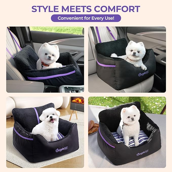 BurgeonNest Dog Car Seat for Small Dogs, Detachable and Washable Cat Carseats Under 25 lbs, Soft Pet Booster Seats with Storage Pockets and Clip-On Leash Portable Car Travel Carrier Bed, Black Purple