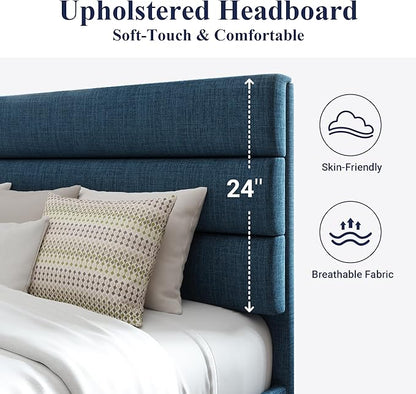 Allewie Full Size Platform Bed Frame with Fabric Upholstered Headboard and Wooden Slats Support, Fully Upholstered Mattress Foundation/No Box Spring Needed/Easy Assembly, Navy Blue