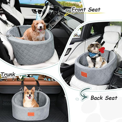 Dog Car Seat for Small Dogs Up to 30 Lbs,Ultra Soft Fabric Fill in Comfy Memory Foam,Happy Pet Ride,2 Safety Dog Leashes,Fully Detachable and Washable,Anti Slip Base(Grey)