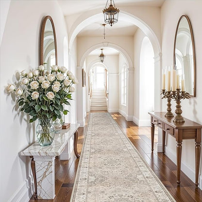 Hallway Washable Runner Rug - 3x20 Kitchen Rugs Entryway Rug Long Runner Vintage Soft Floor Mat Non Slip Indoor Farmhouse Carpet for Bathroom Living Room Bedroom (3 X 20, Beige)
