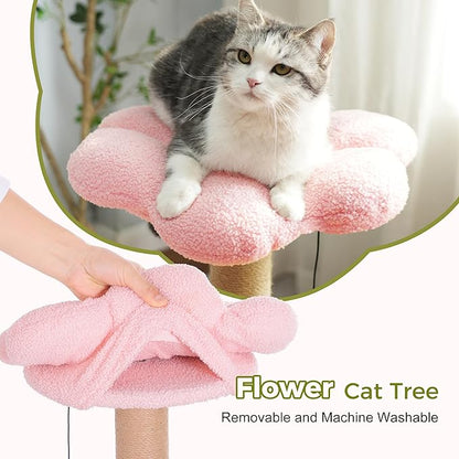 Flower Cat Tree 34 Inches Scratching Post Small Cat Tower for Large Cats, with 15.7”Large Hammock, Removable Top Bed and Wide Condo for Indoor Cats-Forest Brown