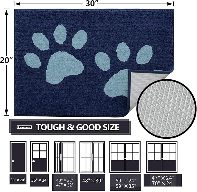 Buganda Dog Door Mat for Muddy Paws, Absorbent Dirt Trapper Washable Indoor Doormats, Non Slip Low-Profile Mud Mat for Dogs, Front Entrance Doormat for Inside Floor (40x32 Inches, Dark Blue)