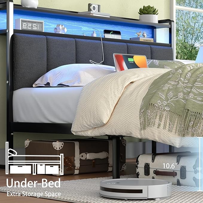 Full Size Bed Frame with LED Lights and Charging Station, Metal Platform Bed Frame Full with Upholstered Storage Headboard, Heavy Duty Metal Slats, No Box Spring Needed, Easy Assembly, Dark Grey