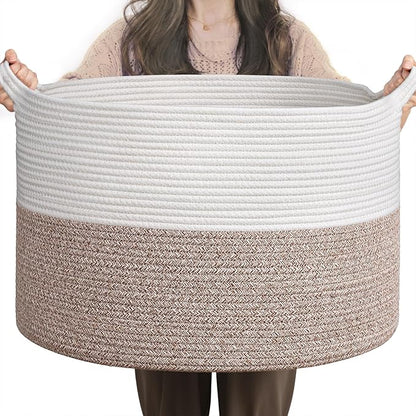 INDRESSME Large Blanket Basket, Laundry Toy Storage Baskets, Decorative Woven Basket for Living Room & Nursery, Baskets for Gifts Empty, Laundry, Dog Toys, Towels, White & Brown, 19.7" D x 12.6" H