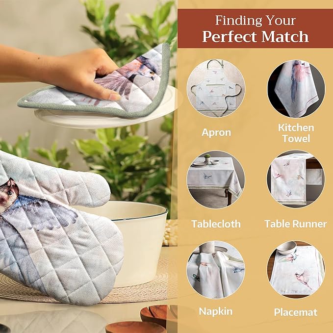 Maison d' Hermine Pot Holders Set 100% Cotton Heat Resistant Potholders 8" x 8" Hot Pads with Loop BBQ, Cooking, Baking, Grilling, Kitchen, Handling Hot Pans Spring/Summer (Pack of 2, Flying Birds)