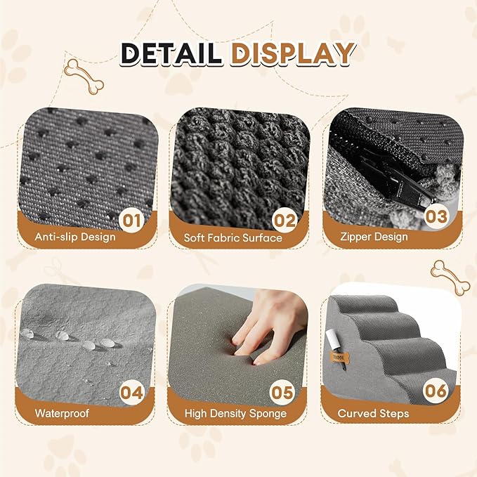 Dog Stairs, Romrol Dog Steps Ramp for High Bed and Couch, Dogs Ramp with Durable Non-Slip Waterproof Fabric Cover, Pet Stairs for Small Dogs and Cats or Pets Joints, 4-Tiers,Grey