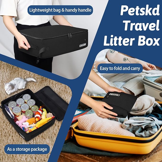 Petskd Portable Cat Travel Litter Box with Lid and 10 pcs Disposable Liner Bags, Leak-Proof and Collapsible, Cat Travel Essentials for Car, Hotel, Airplane and Other Outdoor Use(Black)