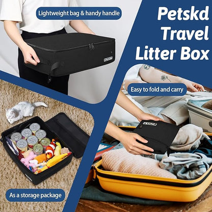 Petskd Portable Cat Travel Litter Box with Lid and 10 pcs Disposable Liner Bags, Leak-Proof and Collapsible, Cat Travel Essentials for Car, Hotel, Airplane and Other Outdoor Use(Black)
