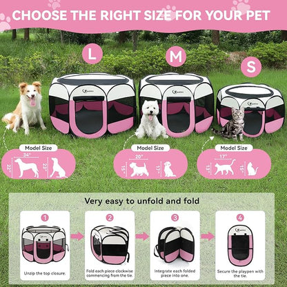 Sieidihit Dog Cat Pet Playpen Puppy Crate Cage Indoor Outdoor, Small Pink | Rest Zone for Recovering Pets New Pet Quarantine Room Portable Pop Up Easy to Set up lightweight dog Kennel with Carrying Bag