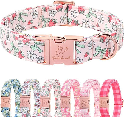 Pink Girl Dog Collar, Sweet Strawberry Spring Summer Dog Collars, Vintage Bow Puppy Collar, Adjustable Heavy Duty Pet Collar for Small Medium Large Dogs with Metal Buckle M