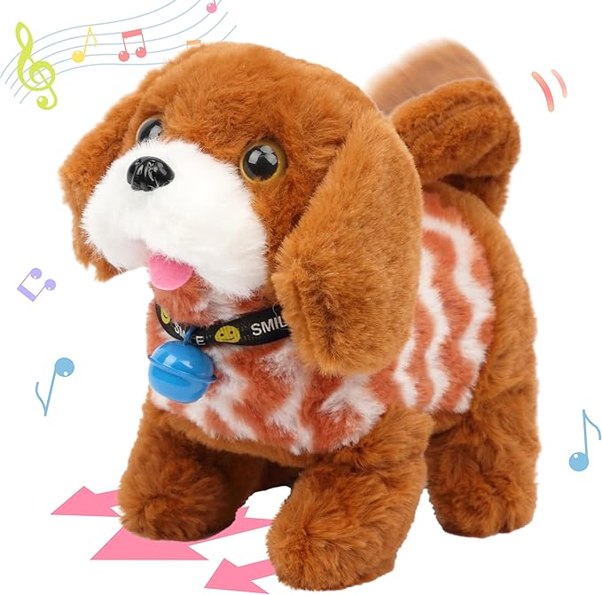 Hopearl Walking Dog Golden Retriever in Brown Vest Interactive Electronic Pet Plush Toy Puppy Woof and Moving Animated Nodding Head Gift for Toddlers Birthday, Brown, 7''