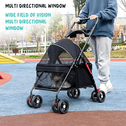 Dog Cat Stroller, 4 Wheels Outdoor Travel Pet Folding Stroller, Dog Cat Cage Strollers with Cup Holder, Breathable and Visible Mesh for Medium Small Dogs or Cats 1 Set