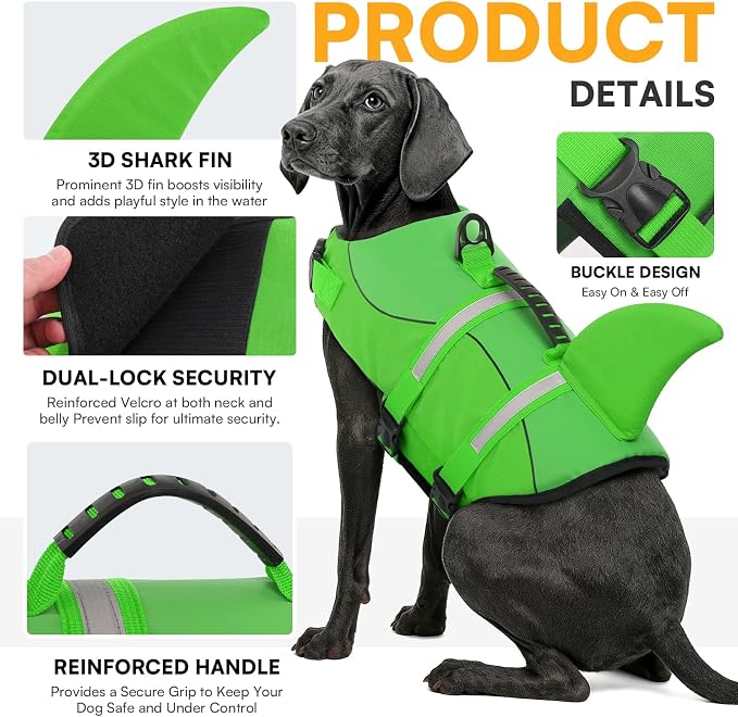 Dog Life Jacket High Flotation, Reflective Dog Life Vest for Swimming, Adjustable Dogs Life Preserver Rescue Handle Spring Summer Pool for Small, Medium, Large Dogs (BrightGreen,XL)