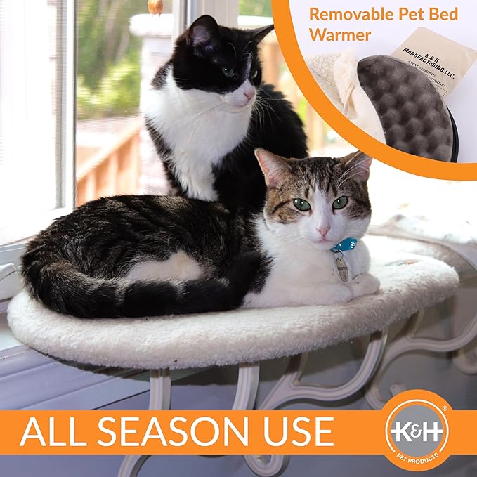K&H Pet Products Kitty Sill Heated Cat Window Perch for Large Cats, Orthopedic Window Hammock Bed Holds 40LBS, Washable Cover, Kitty Windowsill Bed Seat for Indoors - Cream Fleece, Heated, 14 X 24in